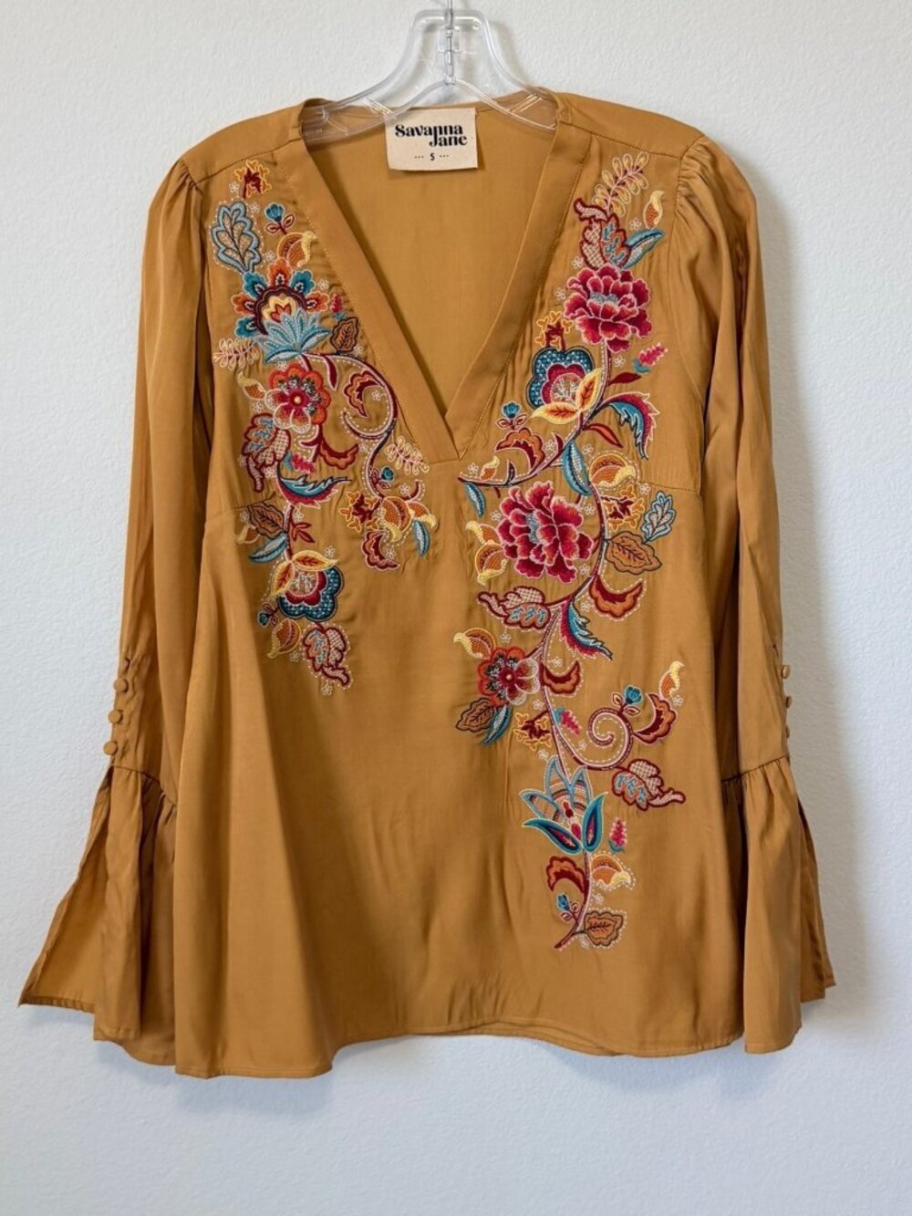 Savanna Jane Split Bell Long Sleeve V-Neck Floral Embroidered Blouse Size S